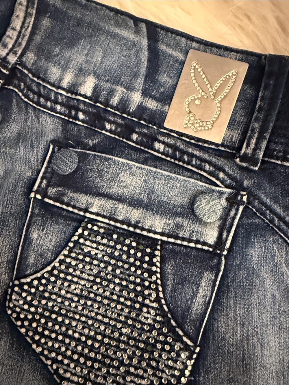 PLAYBOY Distressed Dark Blue Skinny Jeans with Rhinestone Bunny Patch NWOT🔥